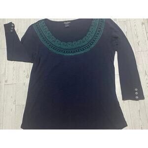 Lucky Brand Women’s Embroidered Long Sleeve Top Navy Blue Size L Boho